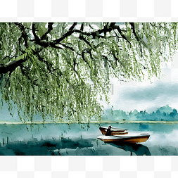夏季湖面风景图片_柳树下的船