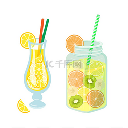 柠檬喝橙子图片_饮料倒在玻璃杯和罐子里饮料配有