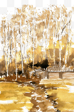 河岸图片_白杨树下的小屋水墨