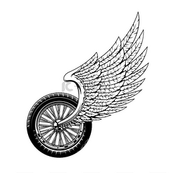 背部纹身图图片_轮子和翅膀隔离的单色摩托车手俱