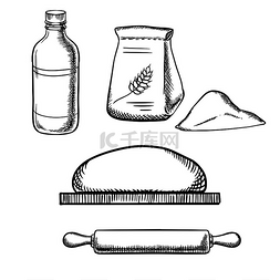 面粉和面包图片_案板上的面团用木制的擀面杖装面