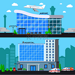 市政建筑由两个平面组成，带有现代机场航站楼和医院城市地标矢量插图。