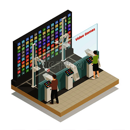机器人视频素材图片_视频游戏店等距组合中的自动化自