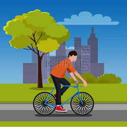 骑自行车男孩卡通图片_男子沿着道路骑自行车，地平线上