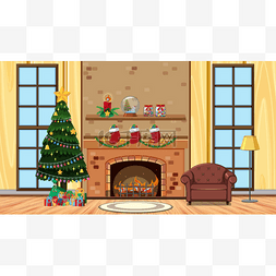 炉边有圣诞树和沙发的房间