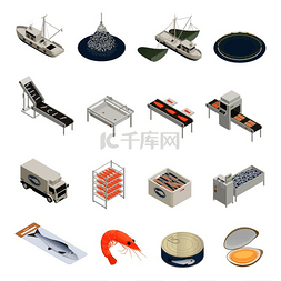 海船只图片_渔业海鲜生产等距图标与工业设备