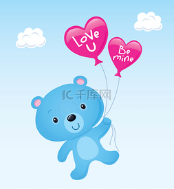 矢量心形气球图片_可爱熊带心形气球浮的蓝色