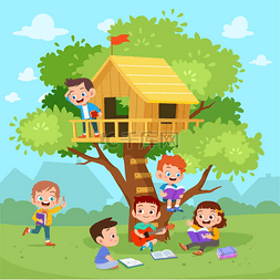 树房子卡通图片_儿童树房子矢量插图