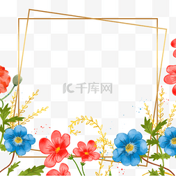 蓝粉色小花方形金色花卉边框
