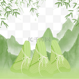 水墨山峰边框图片_绿色水彩山脉柳叶端午水墨粽子边