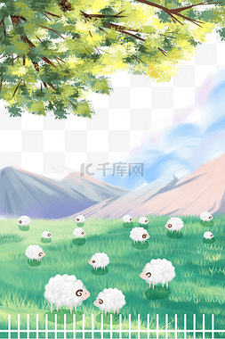 云朵山峰图片_春天小羊吃草草原风景