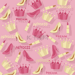 公主卡通背景与皇冠、 鞋子、 口