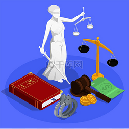 板凳图片_法律正义等轴构图与主题雕像是法