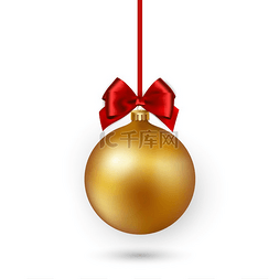 红丝带球图片_金色圣诞摆设与红丝带和白色背景
