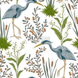 卡通鹭鸟图片_与鹭鸟和沼泽植物的无缝模式。水
