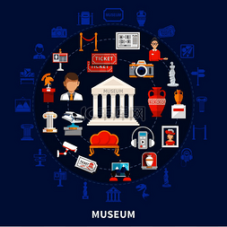 博物馆蓝色背景与圆形设计中的彩