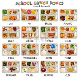 世界各地学校午餐盒的矢量图解