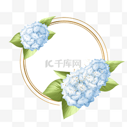 蓝色花瓣边框图片_绣球花卉水彩金色圆环边框
