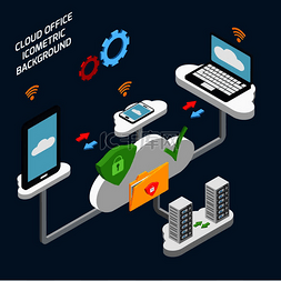 云数据矢量图图片_云办公室和技术等距背景与数据库