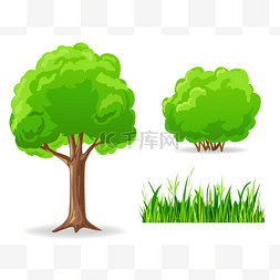 手绘树图片_套卡通绿色植物。树、 灌木、 草.