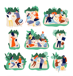 朋友手绘图片_野餐的朋友人们在公园里吃健康快