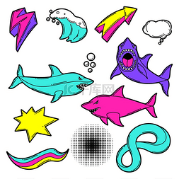 攻击鲨鱼图片_一套卡通鲨鱼和装饰元素。