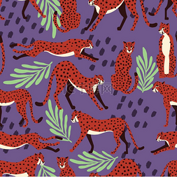 紫色背景抽象图片_无缝图案与手绘异国情调的大猫猎
