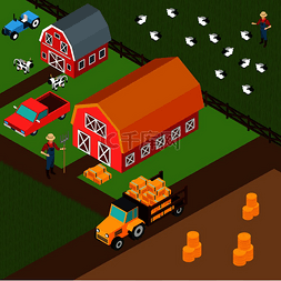 农场放牧图片_彩色等距三维背景农民在棚屋附近