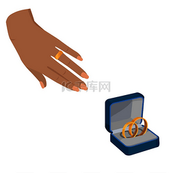 金色结婚戒指，蓝色盒子和女人手