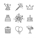 Birthday icons thin line set