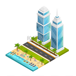 城市和海滩概念城市和海滩等轴测