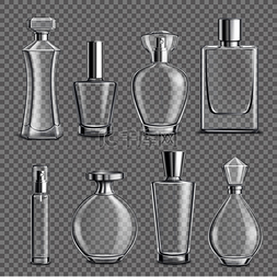 香水玻璃瓶各种形状和瓶盖清晰无