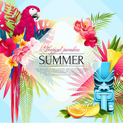 创意树叶背景图片_夏季热带天堂背景热带夏季鹦鹉框