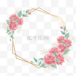 金箔玫瑰花图片_粉红色花朵六边形金色花卉边框