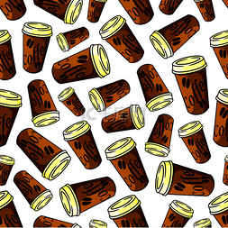 棕色咖啡豆背景图片_带盖的棕色纸杯的无缝外卖咖啡图