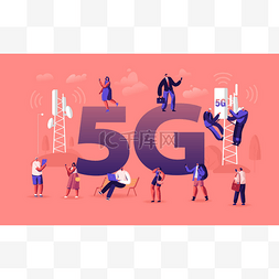 5g技术概念。 发射塔上的工人建立