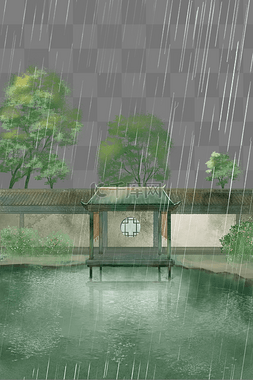 雨水绿色庭院中国风场景园林