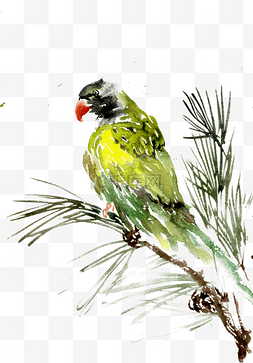 树枝彩色水墨画图片_绿色的鹦鹉