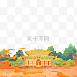 国潮山水建筑图片_国潮风建筑描线描金