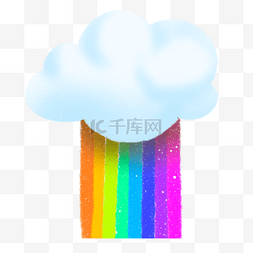 手绘彩虹渐变图片_蓝色云朵下的彩色卡通水彩彩虹