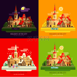 卡通夜间城市图片_市、 镇矢量 logo 设计模板。房屋