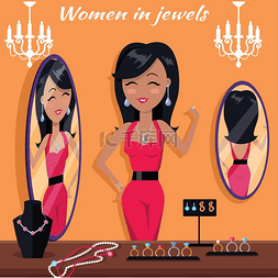 珠宝设计中图片_镜前珠宝中的女人。
