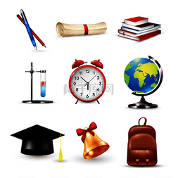 闹钟和笔图片_学校配件套装包括毕业帽、闹钟、