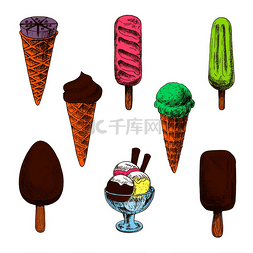 圣代实物图片_巧克力、薄荷和蓝莓冰淇淋甜筒草