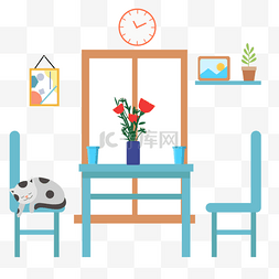 家具海报矢量图图片_客厅房间起居室扁平风格蓝色桌椅