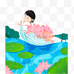 游船素材图片_夏天夏季女孩荷花池塘里游船游玩