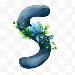 在蓝色主题信件s的水彩花卉背景
