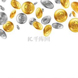 钱的背景素材图片_加密货币，飞行的金币和银币，白