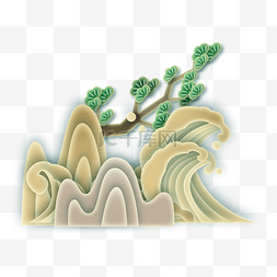中式树木图片_山峰海浪剪纸装饰