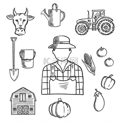 农民或农场工人的素描，包括拖拉